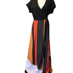 Women’s eShakti Linear Mixed Media Black and Orange Wrap Maxi Dress 14